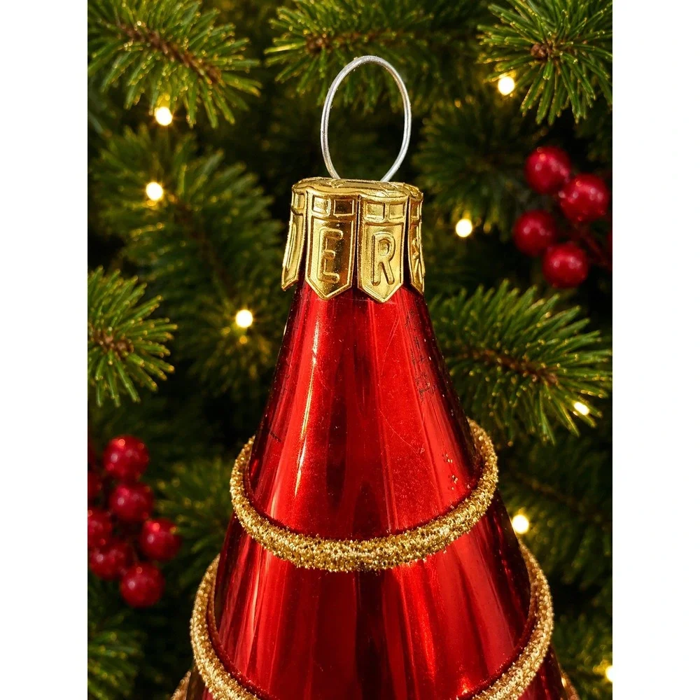 Pier 1 Imports Red Gold Glitter Swirl Glass Drop Christmas Ornaments Set of 2